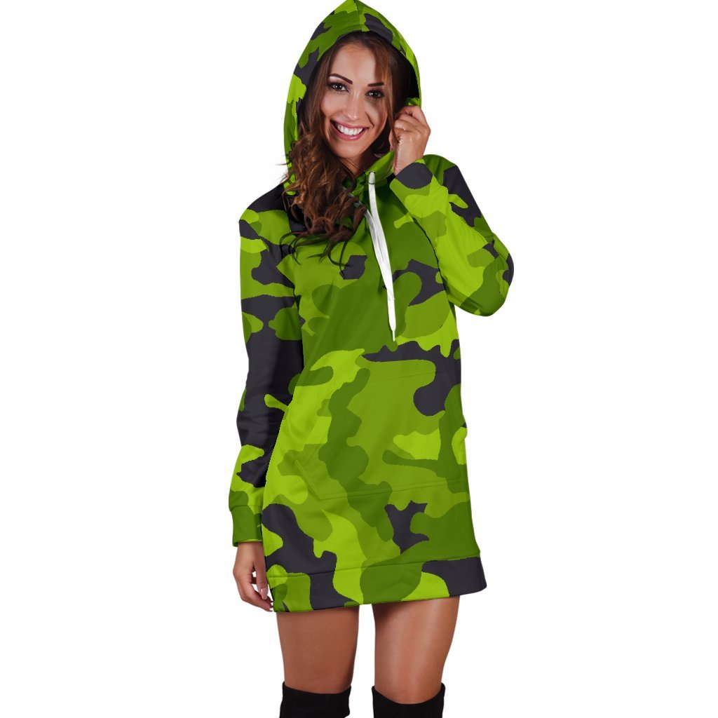 Lime Green Camouflage Print Hoodie Dress GearFrost