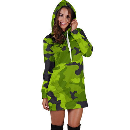 Lime Green Camouflage Print Hoodie Dress GearFrost