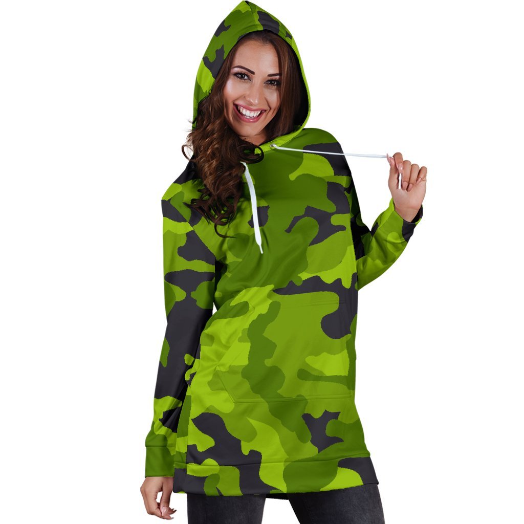 Lime Green Camouflage Print Hoodie Dress GearFrost