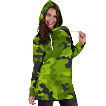 Lime Green Camouflage Print Hoodie Dress GearFrost