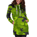 Lime Green Camouflage Print Pullover Hoodie Dress