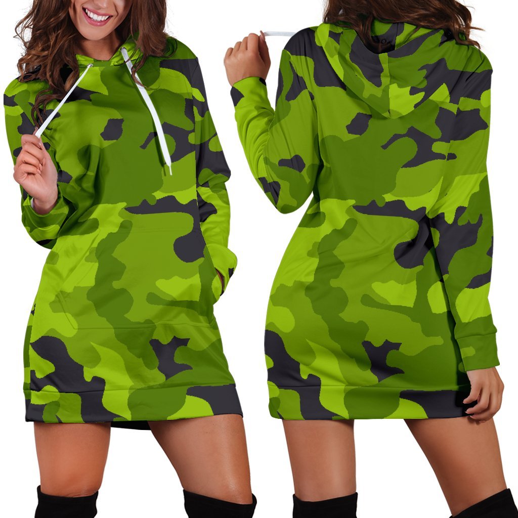 Lime Green Camouflage Print Hoodie Dress GearFrost