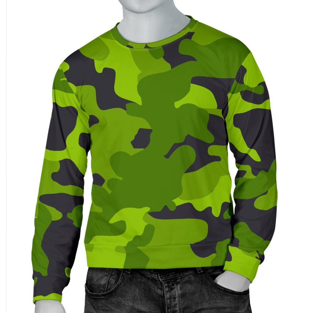 Lime Green Camouflage Print Men's Crewneck Sweatshirt GearFrost