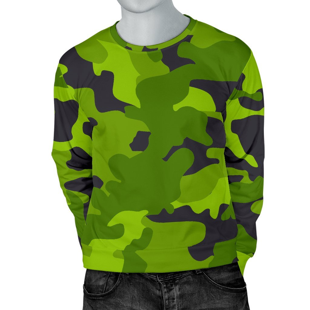 Lime Green Camouflage Print Men's Crewneck Sweatshirt GearFrost