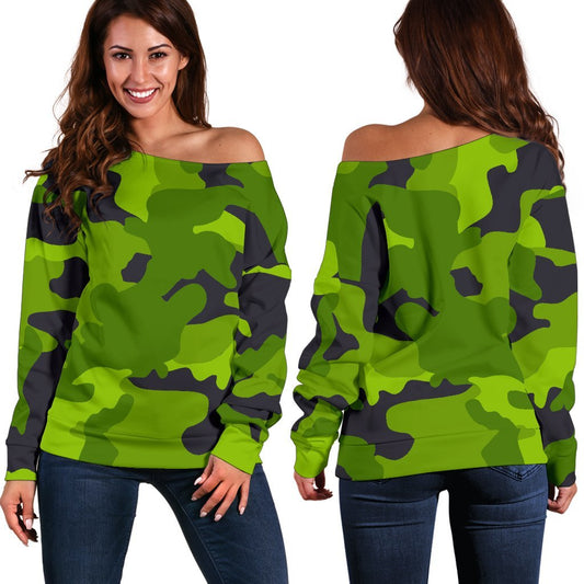 Lime Green Camouflage Print Off Shoulder Sweatshirt GearFrost