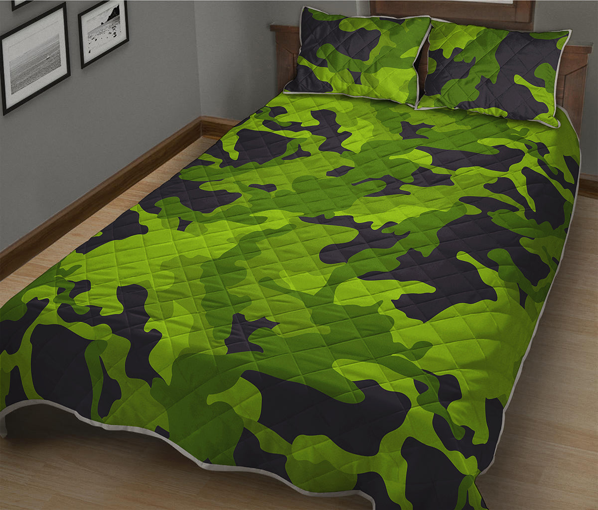 Lime Green Camouflage Print Quilt Bed Set