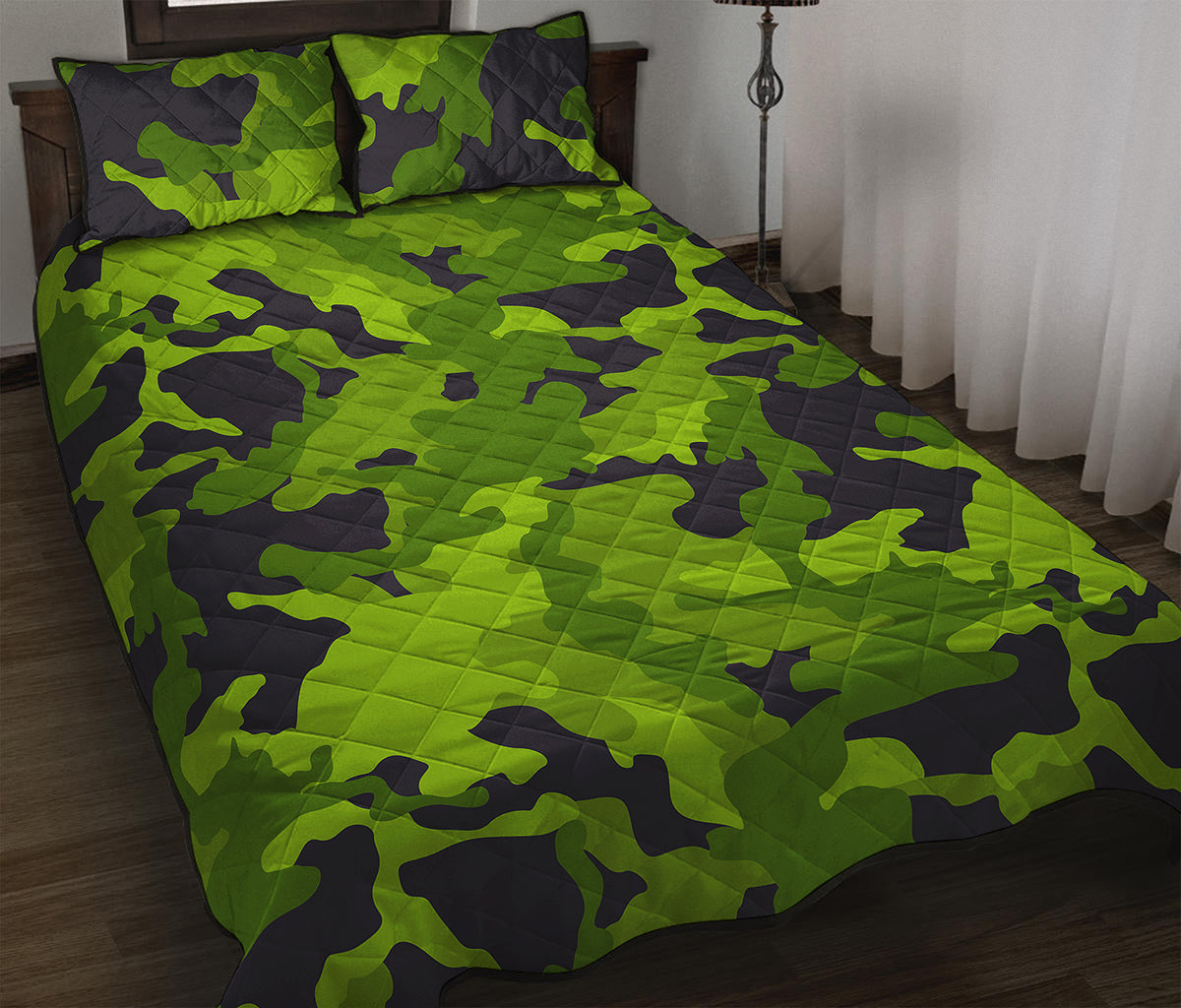 Lime Green Camouflage Print Quilt Bed Set