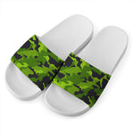 Lime Green Camouflage Print White Slide Sandals