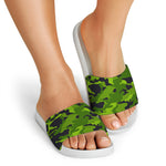 Lime Green Camouflage Print White Slide Sandals
