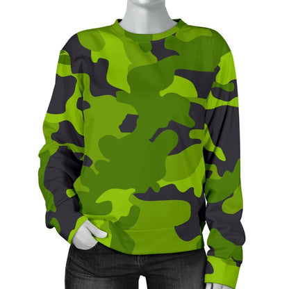 Lime Green Camouflage Print Women's Crewneck Sweatshirt GearFrost