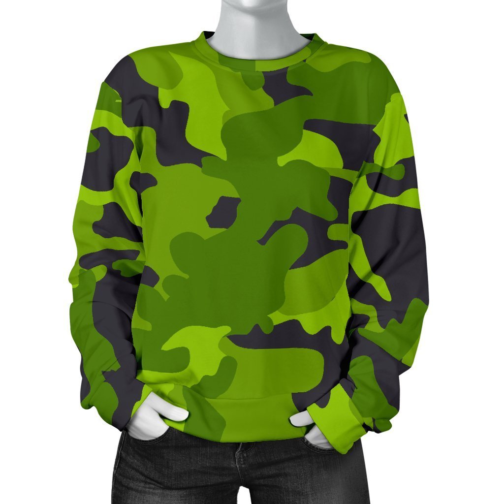 Lime Green Camouflage Print Women's Crewneck Sweatshirt GearFrost