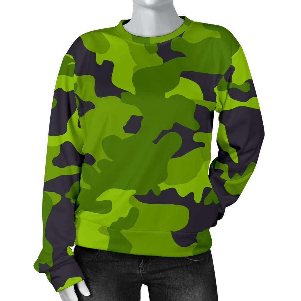 Lime Green Camouflage Print Women's Crewneck Sweatshirt GearFrost