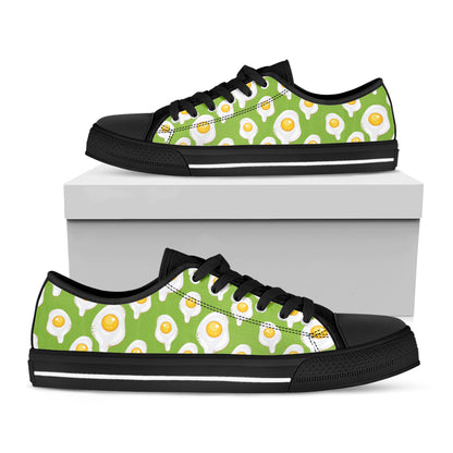 Lime Green Fried Eggs Pattern Print Black Low Top Shoes