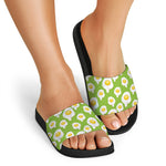 Lime Green Fried Eggs Pattern Print Black Slide Sandals