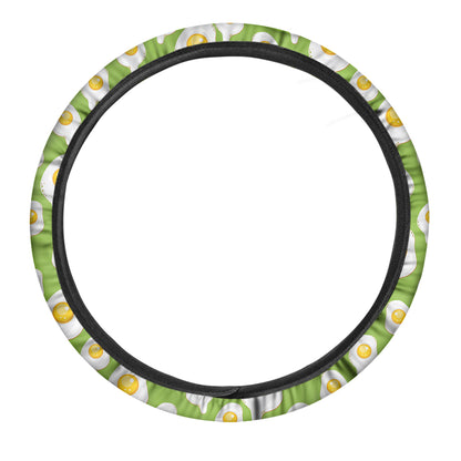 Lime Green Fried Eggs Pattern Print Car Steering Wheel Cover