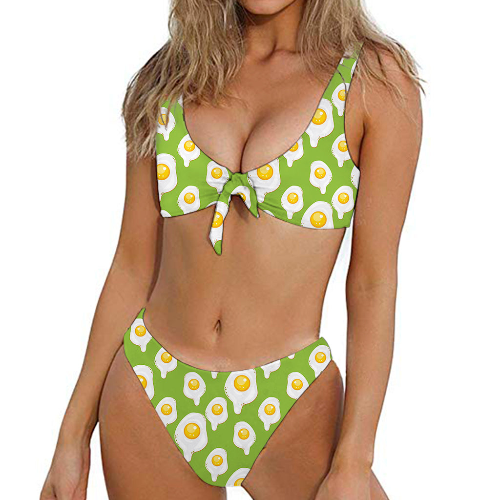 Lime Green Fried Eggs Pattern Print Front Bow Tie Bikini
