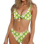 Lime Green Fried Eggs Pattern Print Front Bow Tie Bikini