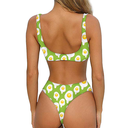 Lime Green Fried Eggs Pattern Print Front Bow Tie Bikini