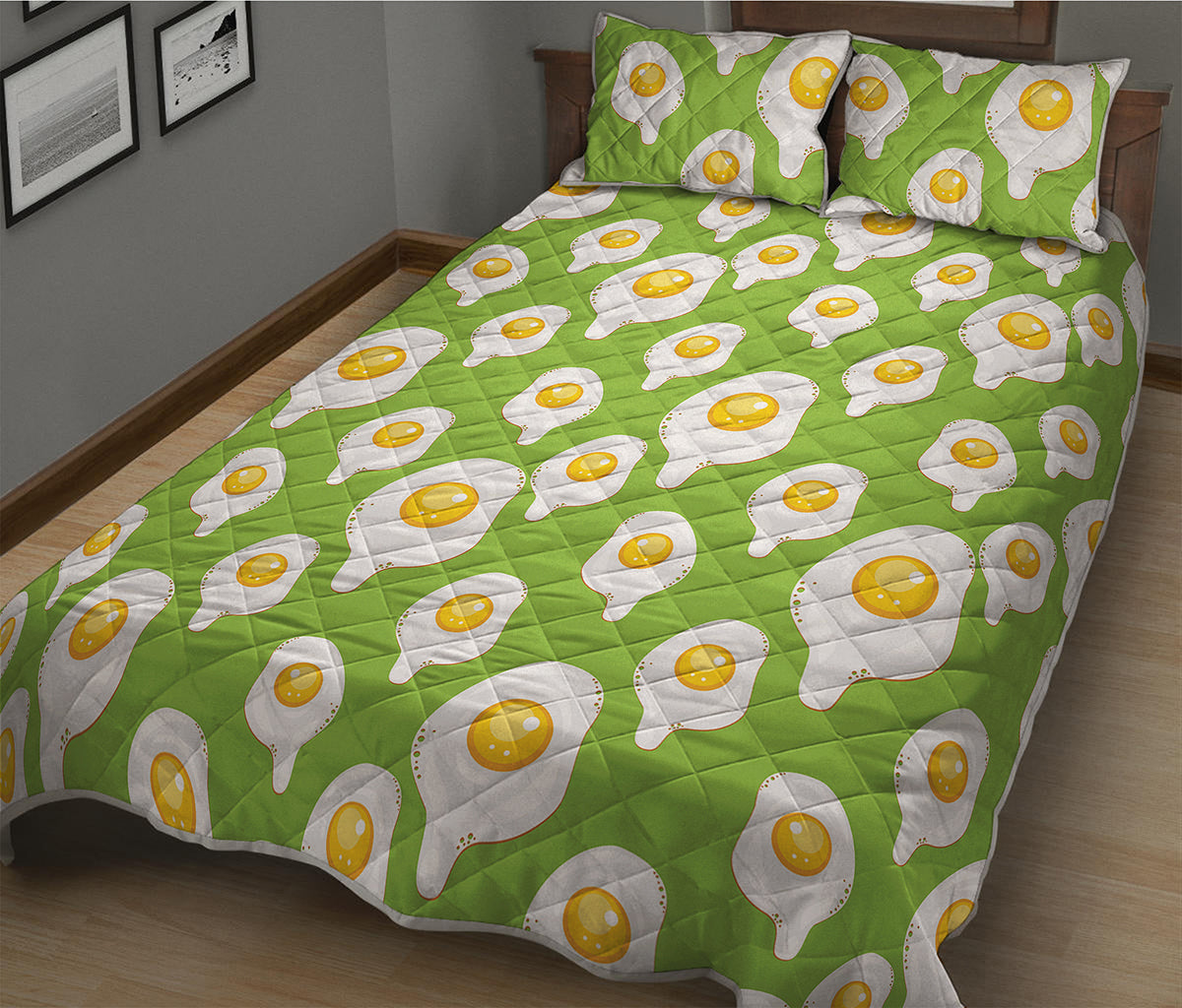 Lime Green Fried Eggs Pattern Print Quilt Bed Set
