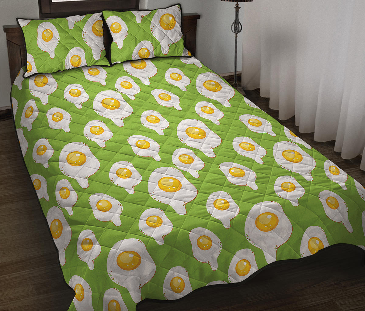 Lime Green Fried Eggs Pattern Print Quilt Bed Set