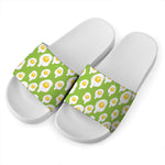 Lime Green Fried Eggs Pattern Print White Slide Sandals