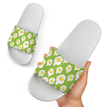 Lime Green Fried Eggs Pattern Print White Slide Sandals