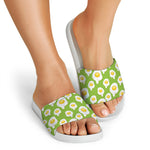 Lime Green Fried Eggs Pattern Print White Slide Sandals
