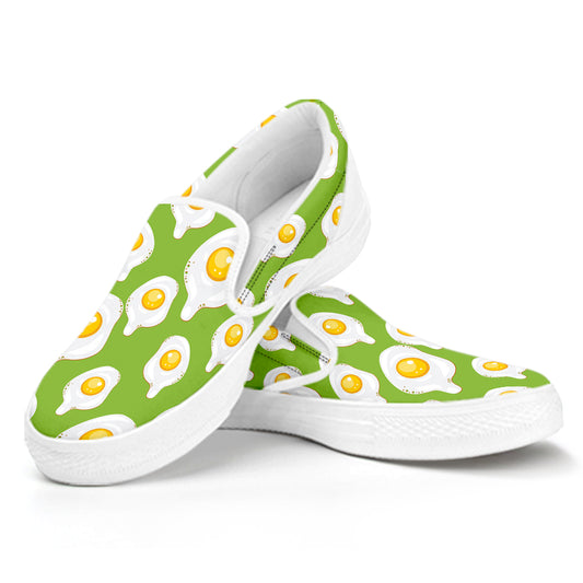 Lime Green Fried Eggs Pattern Print White Slip On Shoes