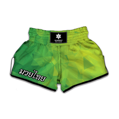 Lime Green Polygonal Geometric Print Muay Thai Boxing Shorts