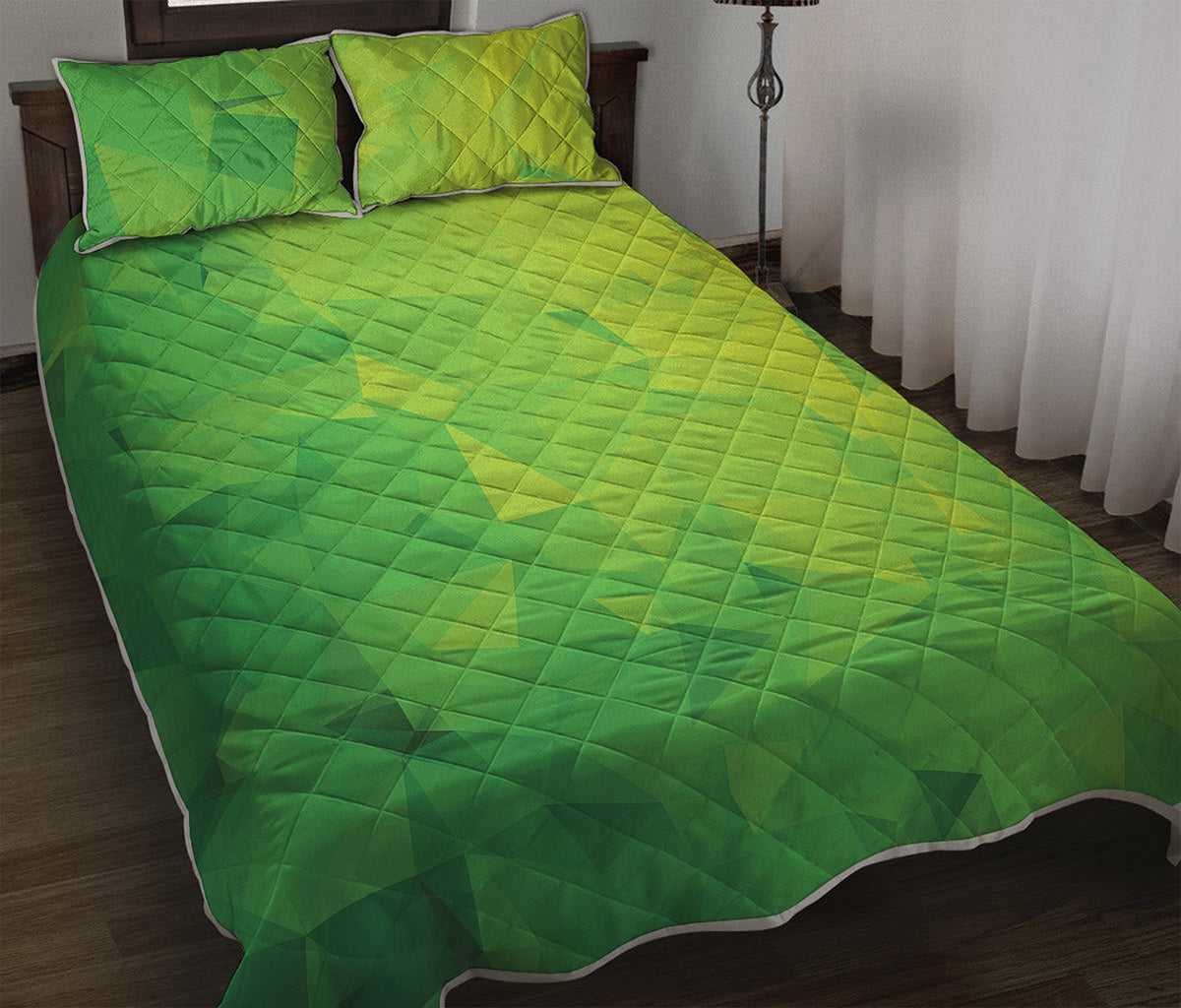 Lime Green Polygonal Geometric Print Quilt Bed Set