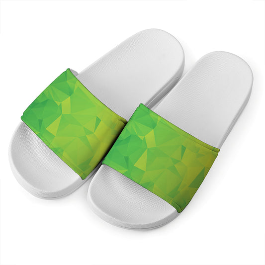 Lime Green Polygonal Geometric Print White Slide Sandals