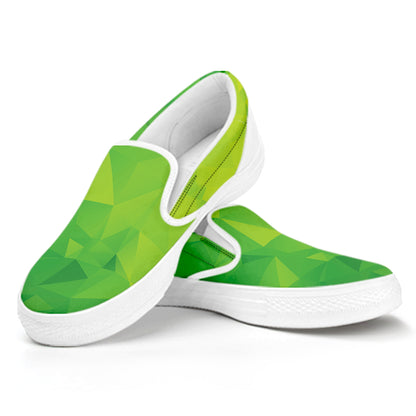 Lime Green Polygonal Geometric Print White Slip On Shoes