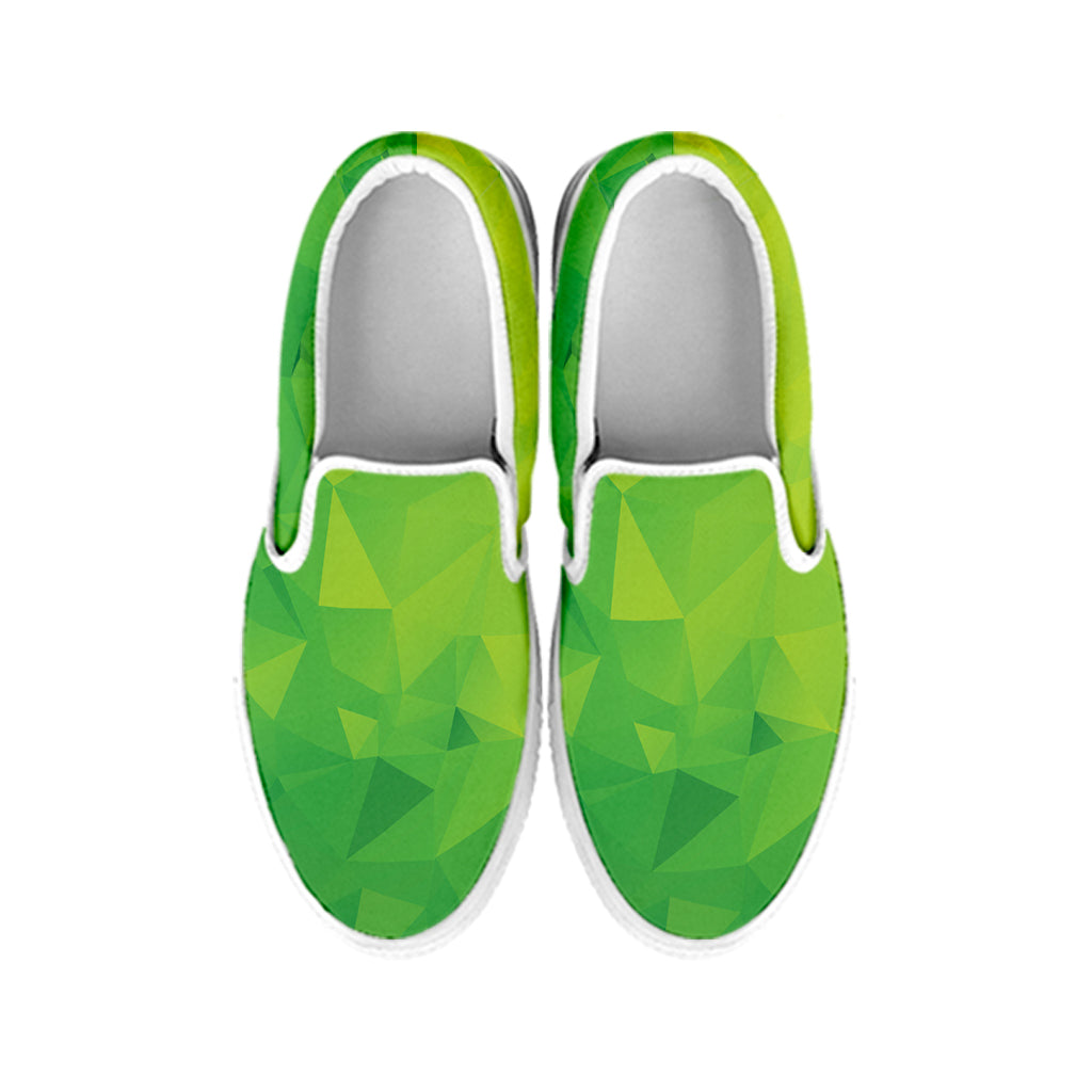 Lime Green Polygonal Geometric Print White Slip On Shoes
