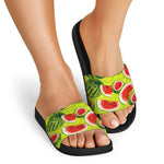 Lime Green Watermelon Pattern Print Black Slide Sandals