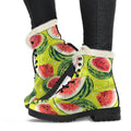 Lime Green Watermelon Pattern Print Faux Fur Leather Boots