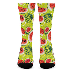 Lime Green Watermelon Pattern Print Crew Socks