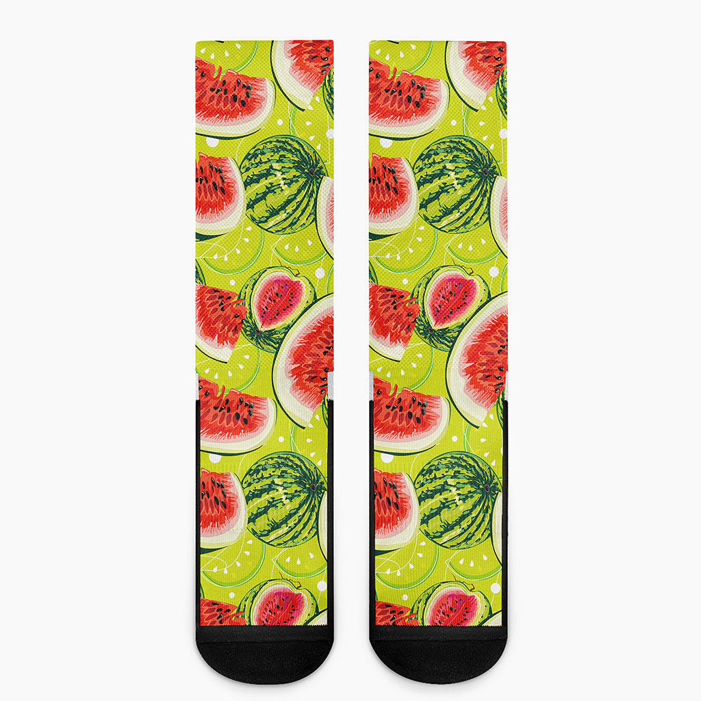 Lime Green Watermelon Pattern Print Crew Socks