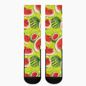 Lime Green Watermelon Pattern Print Crew Socks