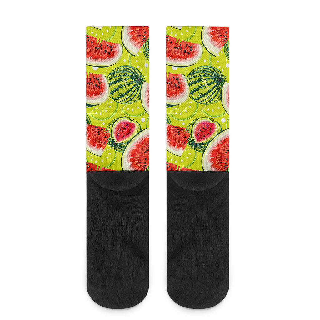 Lime Green Watermelon Pattern Print Crew Socks