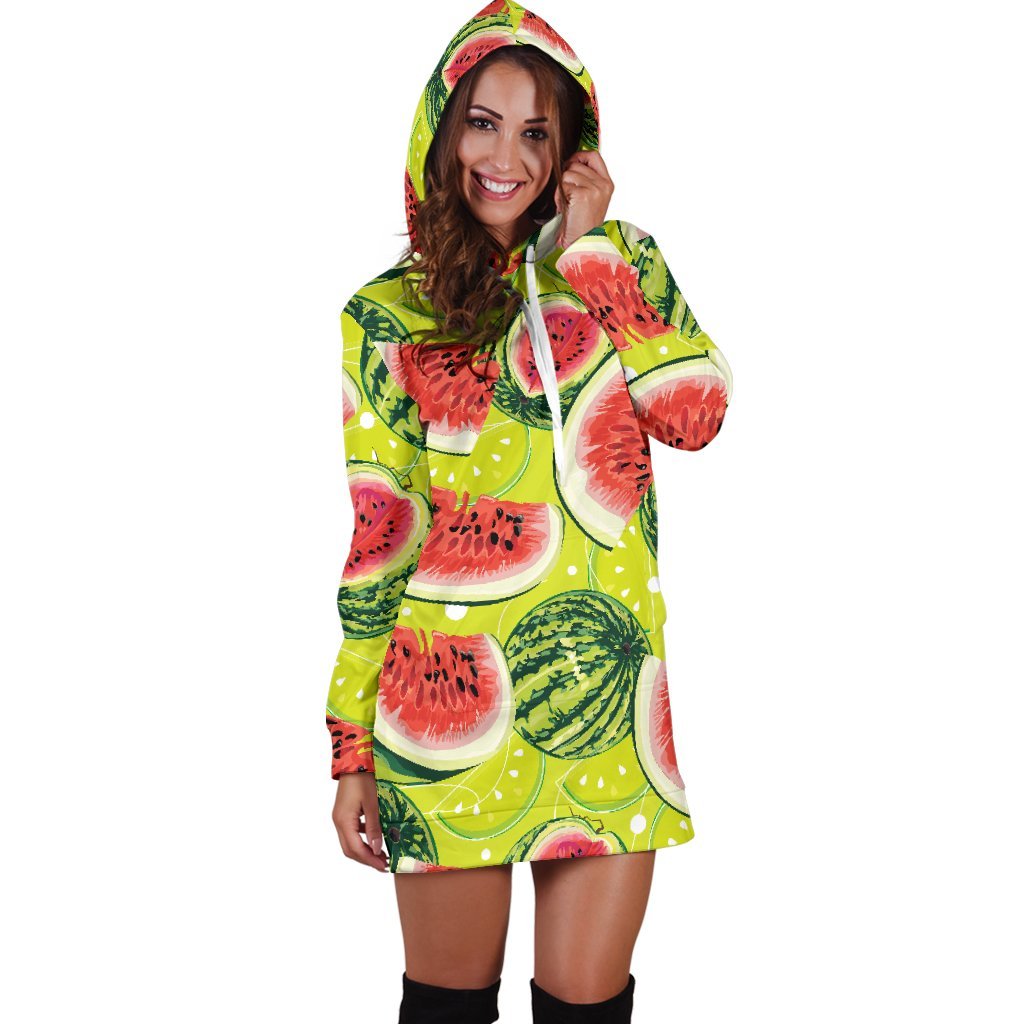 Lime Green Watermelon Pattern Print Hoodie Dress GearFrost