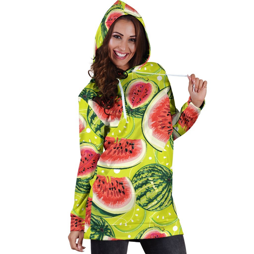 Lime Green Watermelon Pattern Print Hoodie Dress GearFrost