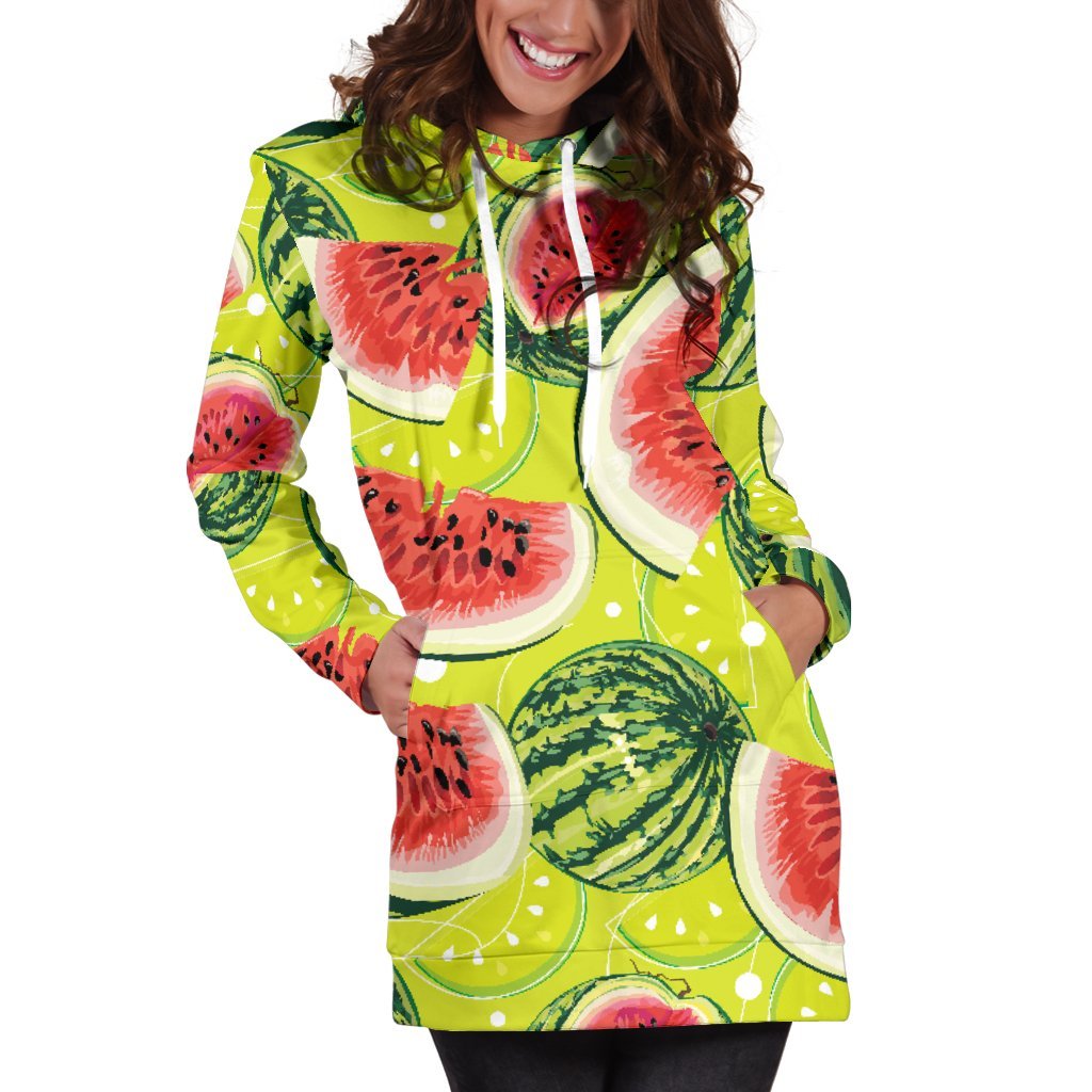 Lime Green Watermelon Pattern Print Hoodie Dress GearFrost