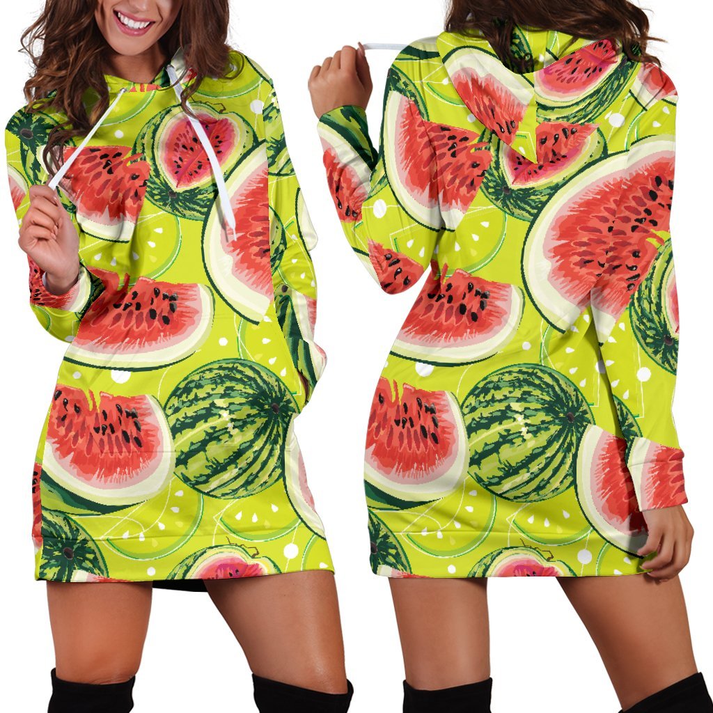 Lime Green Watermelon Pattern Print Hoodie Dress GearFrost