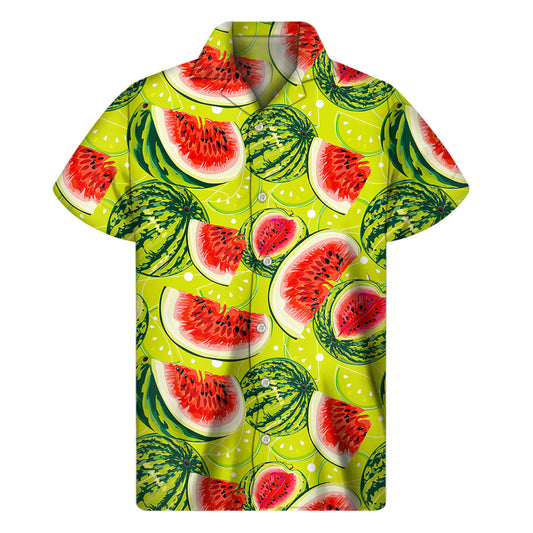Lime Green Watermelon Pattern Print Men's Short Sleeve Shirt