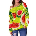 Lime Green Watermelon Pattern Print Off Shoulder Sweatshirt GearFrost