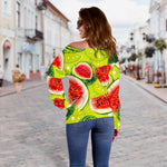 Lime Green Watermelon Pattern Print Off Shoulder Sweatshirt GearFrost