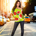 Lime Green Watermelon Pattern Print Off Shoulder Sweatshirt GearFrost