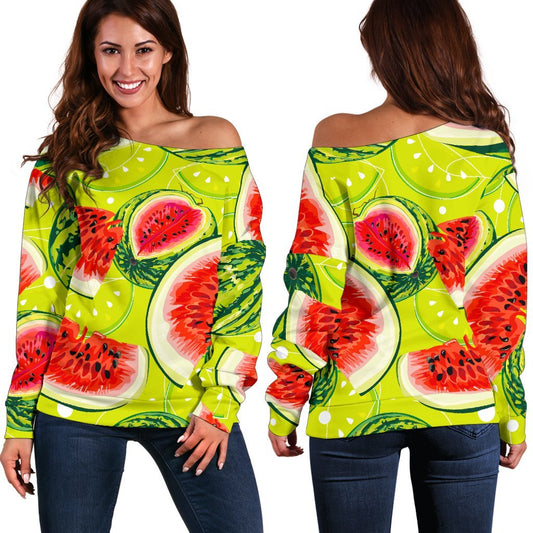 Lime Green Watermelon Pattern Print Off Shoulder Sweatshirt GearFrost
