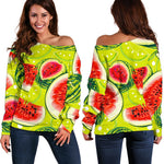 Lime Green Watermelon Pattern Print Off Shoulder Sweatshirt GearFrost