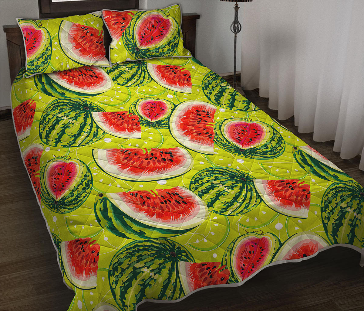 Lime Green Watermelon Pattern Print Quilt Bed Set